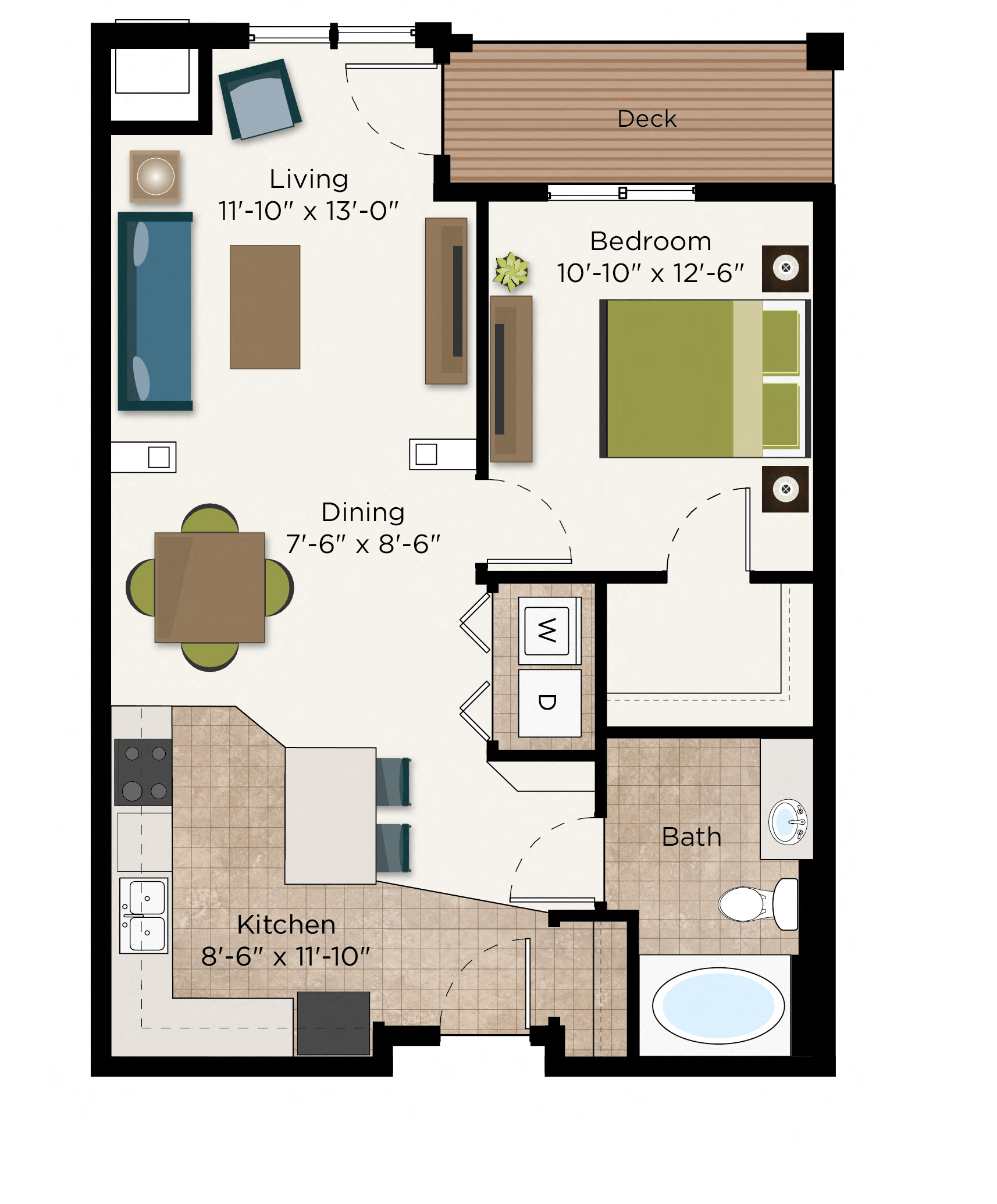 Floor plan for 1 bed, 1 bath, 767 sqft